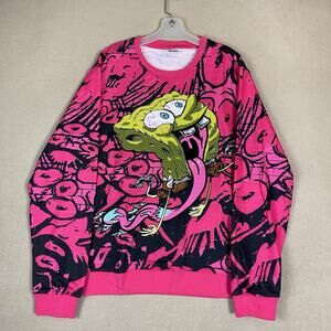 SpongeBob SquarePants Sweatshirt Mens XL Pink Embroidered Patch Nickelodeon‎